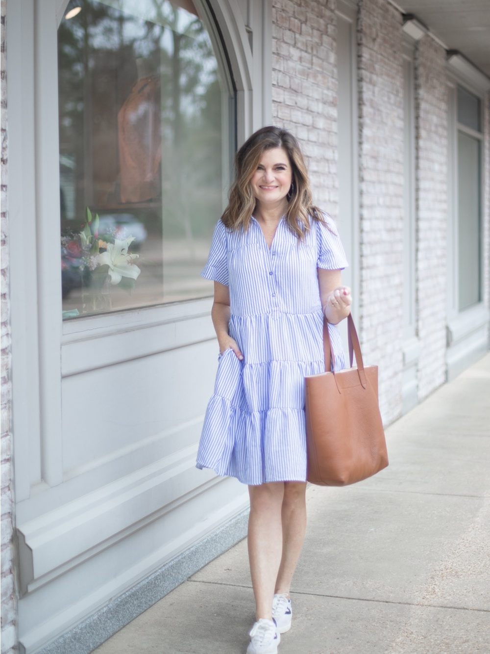 Joy Joy Light Blue and White Striped Short-Sleeve Tiered Dress